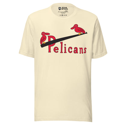 New Orleans Pelicans T-shirt cream. Pelicans in red across chest. Bat going through P with red pelicans sitting on either end. Royal Retros