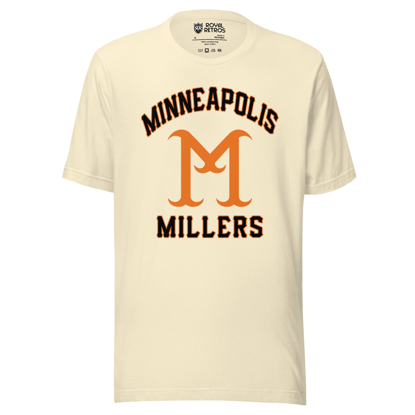 Minneapolis Millers baseball T-shirt cream. Minneapolis in black with orange trim arched above large orange M. Millers in black with orange trim below. Royal Retros