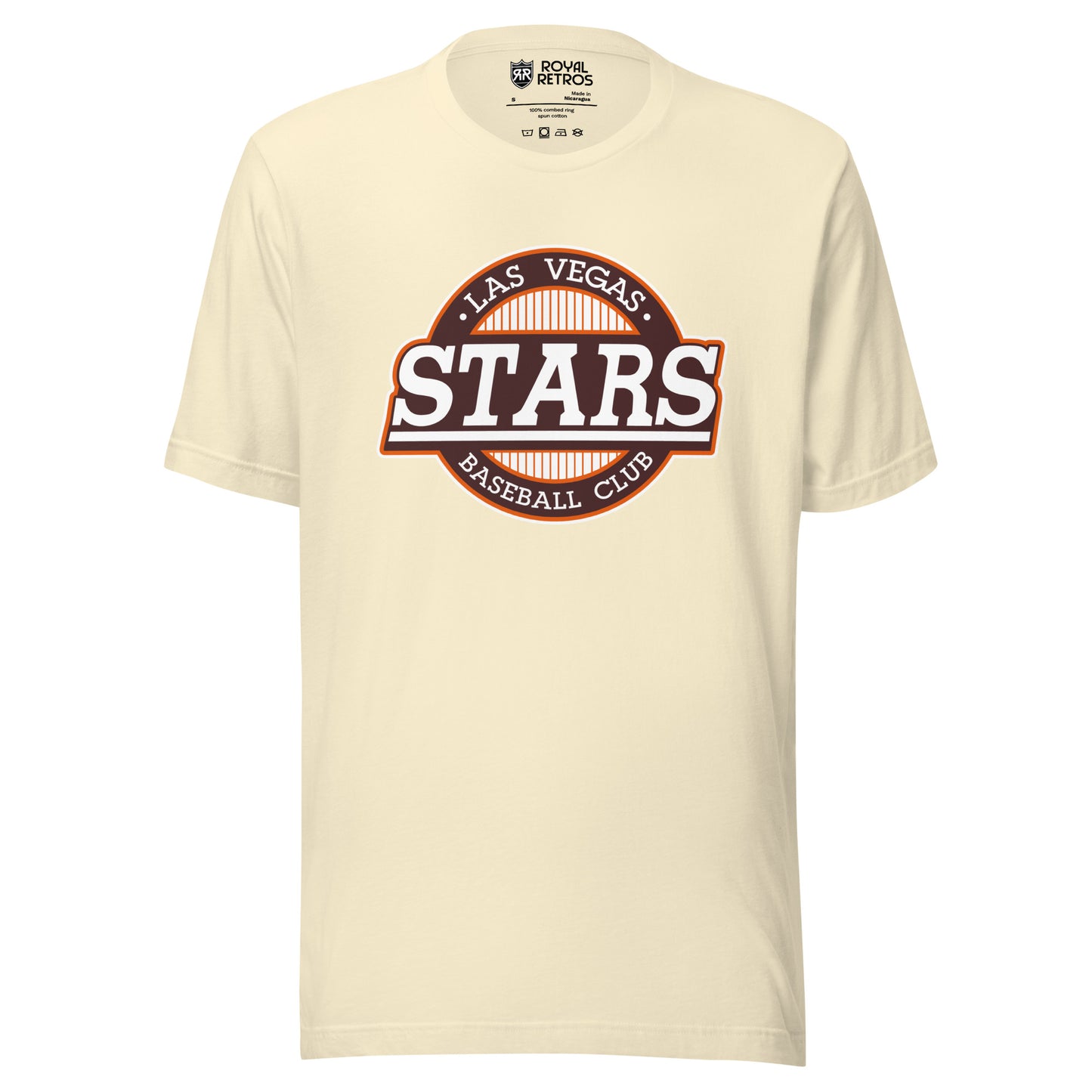 Las Vegas Stars baseball T-shirt natural white. White circle with orange trim, Stars in white underlined across middle. Las Vegas in white inside top of circle, Baseball Club in white below inside circle. Royal Retros. 