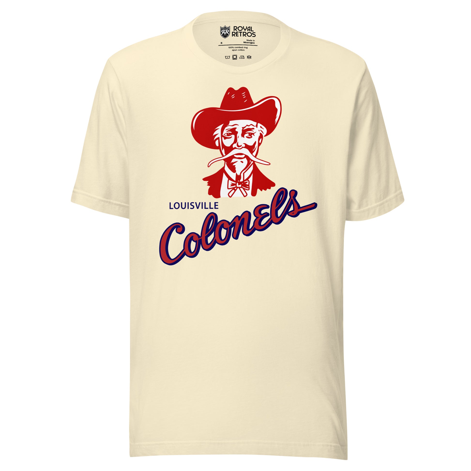 Louisville Colonels baseball T-shirt. Cream. Red and white colonel facing viewer in red cowboy hat, long white moustache, bow tie, and red jacket. Colonels angled from lower left to upper right below colonel. Red with blue trim. Royal Retros.