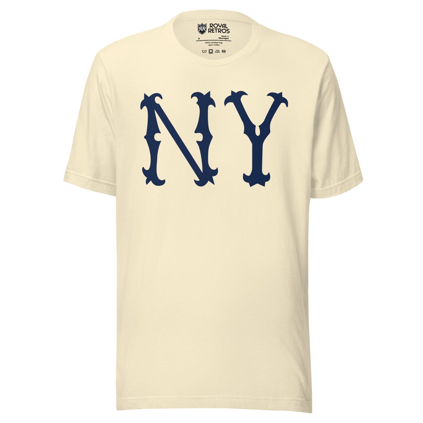 New York Highlanders NY T-shirt. Natural white. Large blue NY in old-fashioned typeface large on chest. Royal Retros 