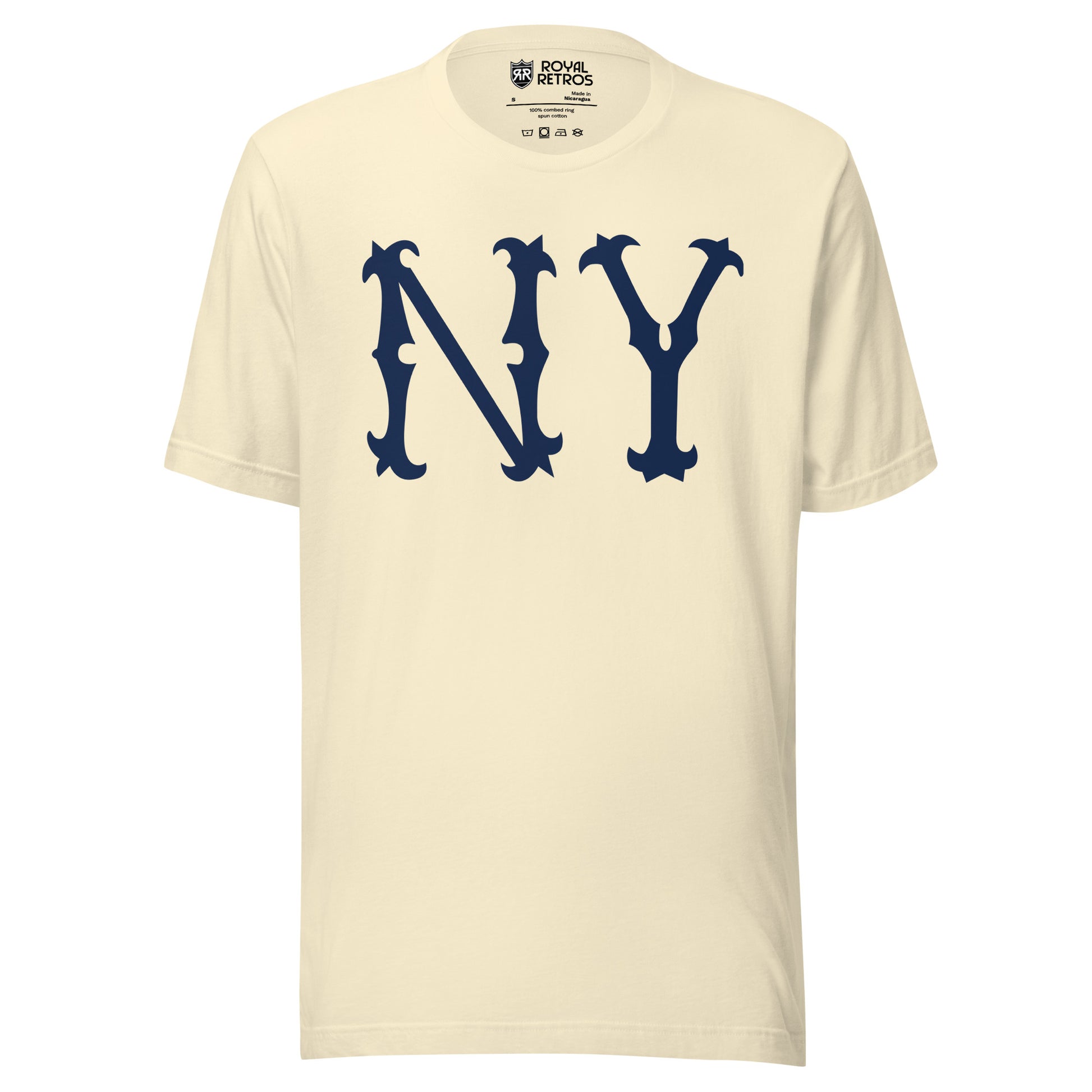 New York Highlanders NY T-shirt. Natural white. Large blue NY in old-fashioned typeface large on chest. Royal Retros 