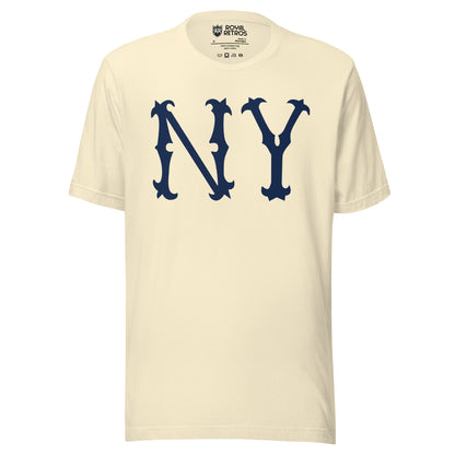 New York Highlanders NY T-shirt. Natural white. Large blue NY in old-fashioned typeface large on chest. Royal Retros 