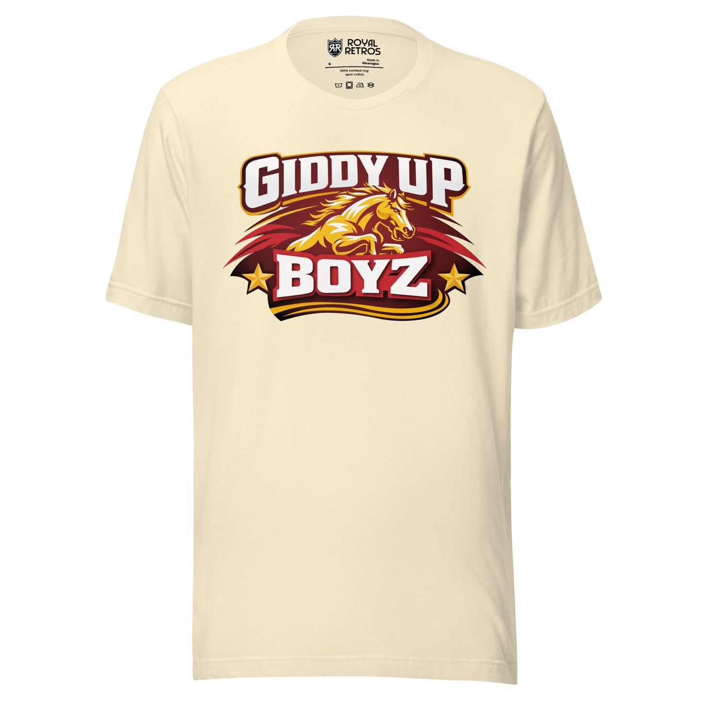 Birmingham Stallions UFL Giddy Up Boyz supporters T-shirt. Natural White. Red oval-like shape with jagged sides on Horses head in gold bellow Giddy Up in white with red shadow. Boyz in white with red shadow blow and gold stars on either side.Royal Retros.