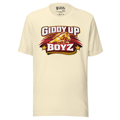 Birmingham Stallions UFL Giddy Up Boyz supporters T-shirt. Natural White. Red oval-like shape with jagged sides on Horses head in gold bellow Giddy Up in white with red shadow. Boyz in white with red shadow blow and gold stars on either side.Royal Retros.