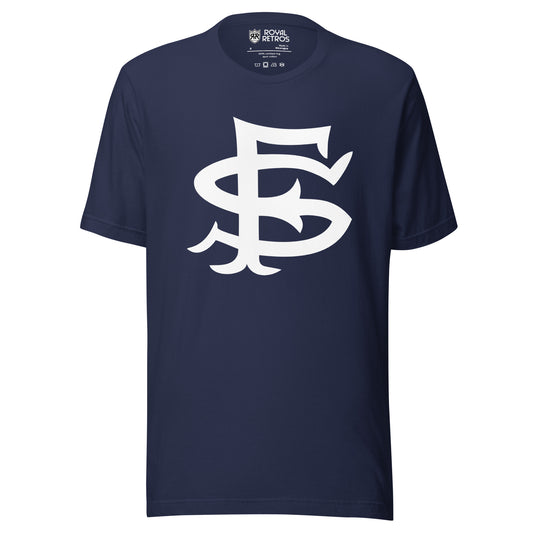 San Francisco Seals with large white interlocking SF on navy blue tee Royal Retros