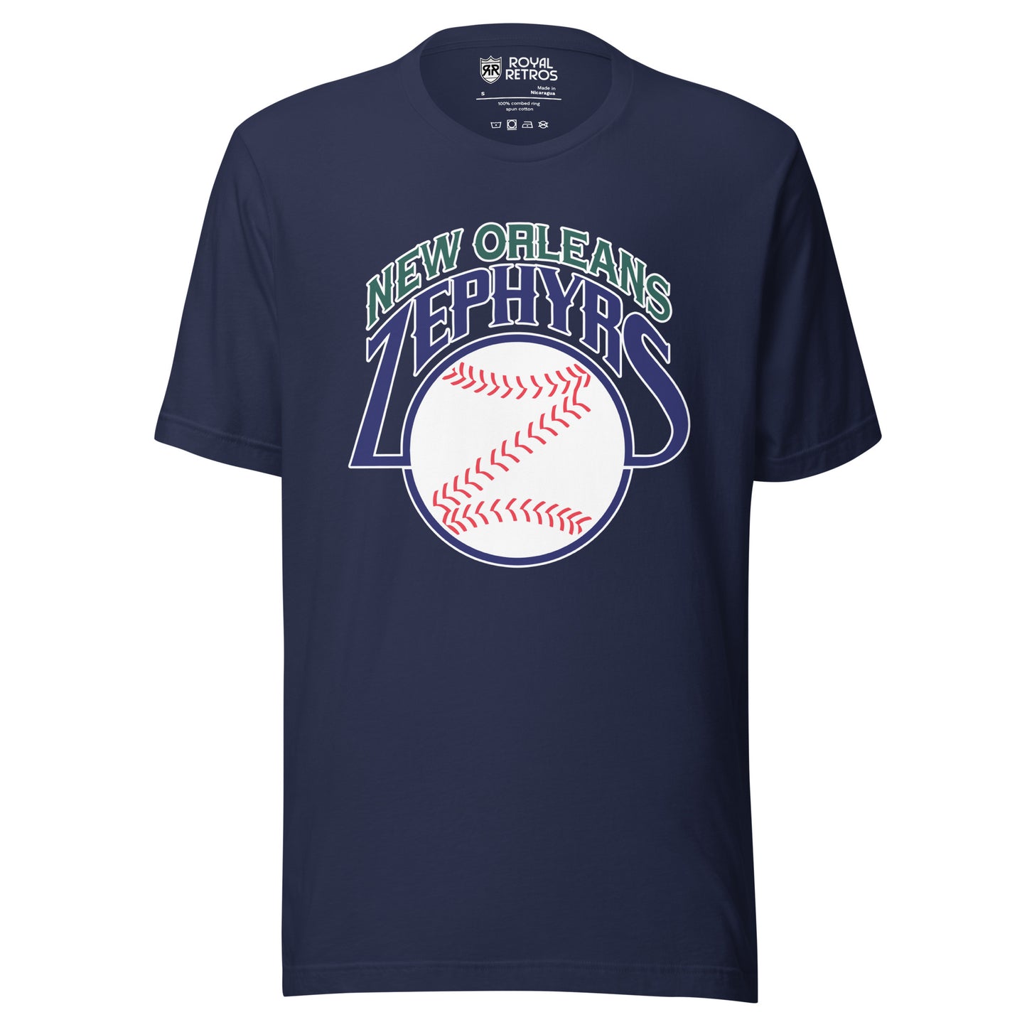 ew Orleans Zephyrs T-shirt. Blue. New Orleans arched in green with white trim above Zephyrs arched in blue with white trim. Baseball below with stitches forming a Z. Royal Retros