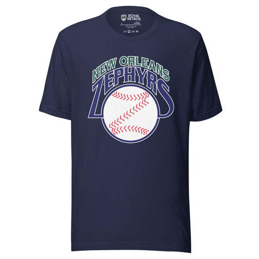 ew Orleans Zephyrs T-shirt. Blue. New Orleans arched in green with white trim above Zephyrs arched in blue with white trim. Baseball below with stitches forming a Z. Royal Retros