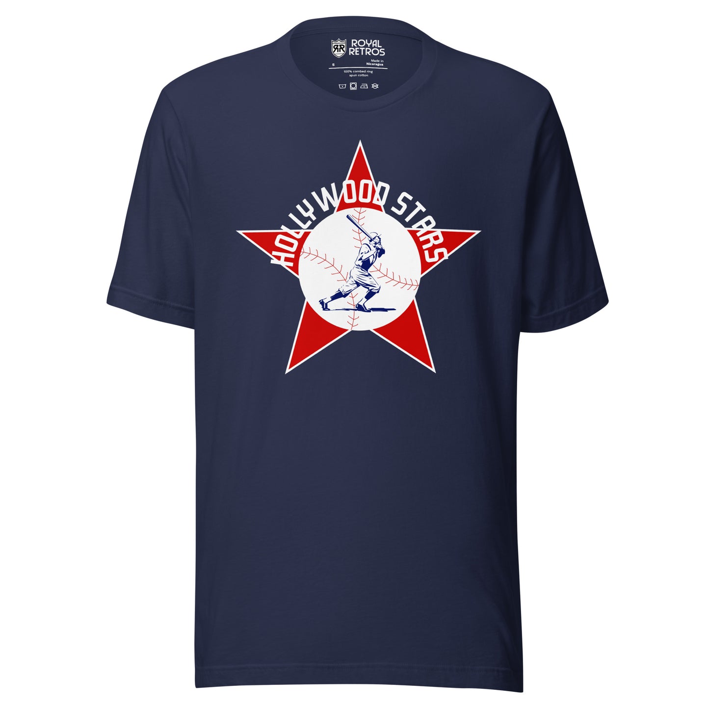 Hollywood Stars T-shirt. Navy. Red star with white trim. White circle over center. Baseball later swinging and running inside in blue detail. Hollywood Stars arched in white across top of circle. Royal Retros