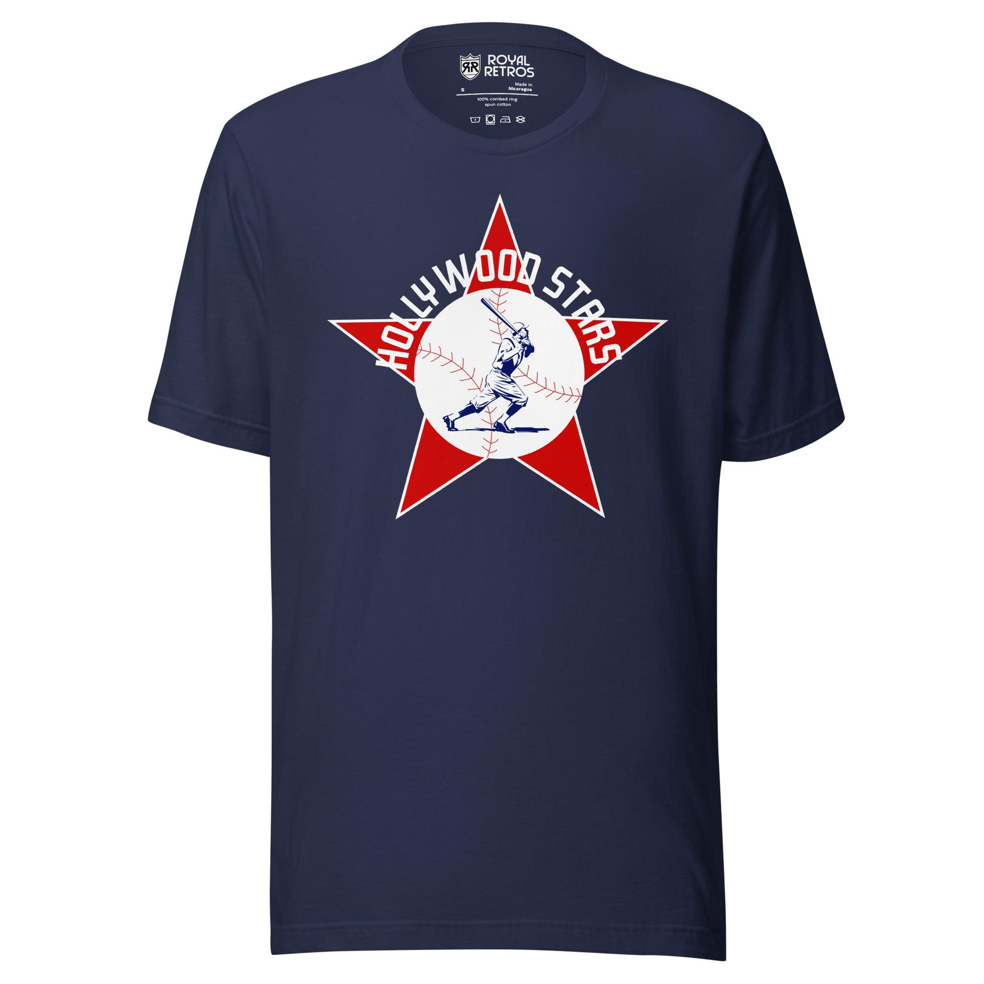 Hollywood Stars T-shirt. Navy. Red star with white trim. White circle over center. Baseball later swinging and running inside in blue detail. Hollywood Stars arched in white across top of circle. Royal Retros