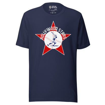 Hollywood Stars T-shirt. Navy. Red star with white trim. White circle over center. Baseball later swinging and running inside in blue detail. Hollywood Stars arched in white across top of circle. Royal Retros