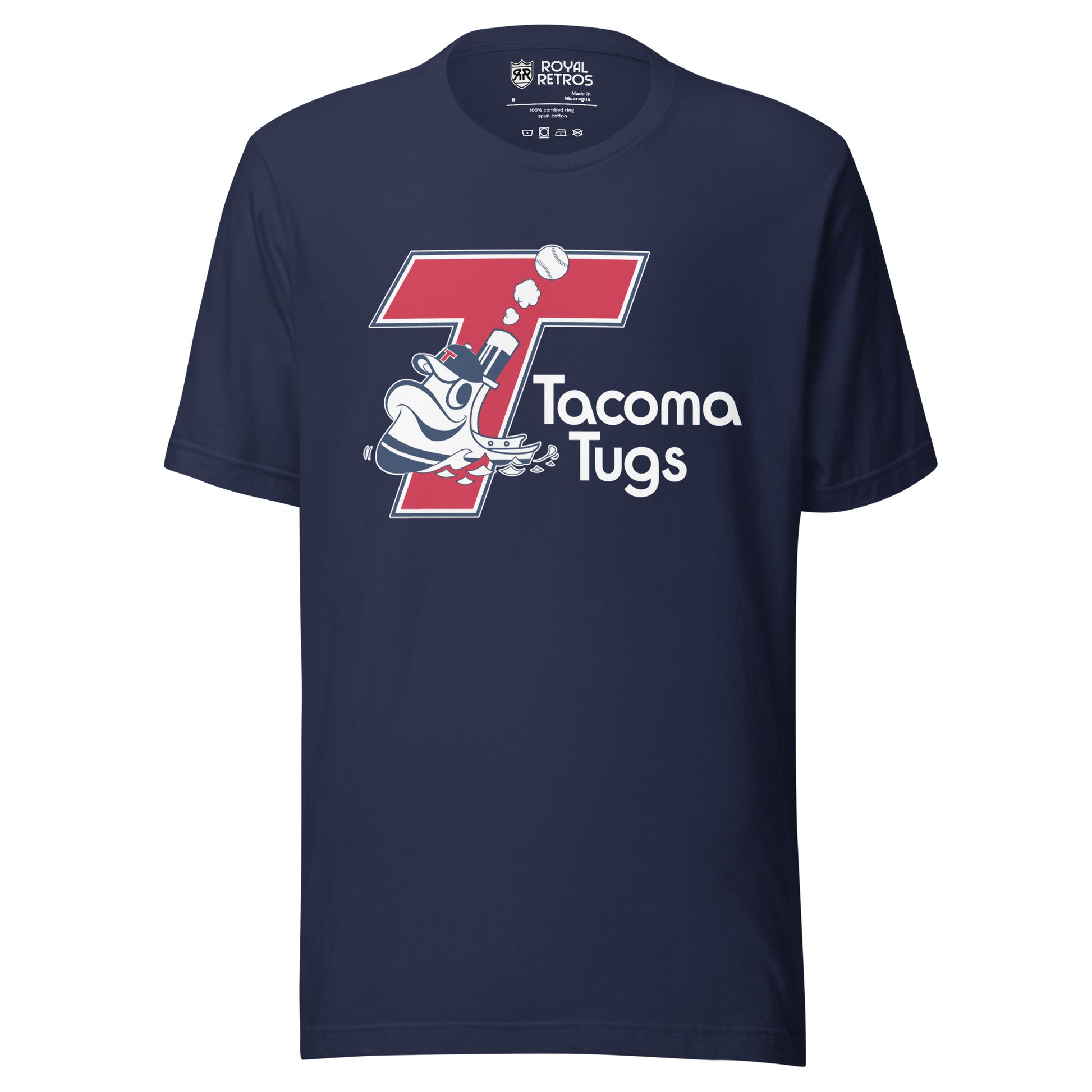 Tacoma Tugs T-shirt navy.  Angled red T with blue and white trim. Animated blue and white tig going across bottom of T. Tacoma Tugs in white in Cascadia typeface to right of T. Royal Retros