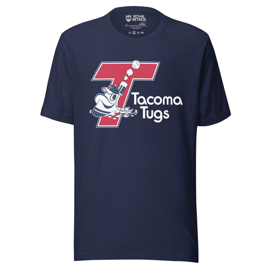 Tacoma Tugs T-shirt navy.  Angled red T with blue and white trim. Animated blue and white tig going across bottom of T. Tacoma Tugs in white in Cascadia typeface to right of T. Royal Retros