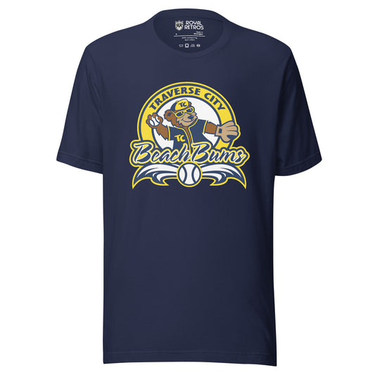 Traverse City Beach Bums baseball T-shirt. Navy. Yellow circle with Traverse City arched inside across top. Inside with bear in blue jersey and yellow cap throwing a baseball. Beach Bums in script across bottom of circle with baseball in middle and decorative wings coming off sides. Royal Retros