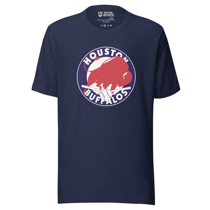 Houston Buffalos baseball T-shirt Navy. White circle, Houston arched in white inside top, Buffalos arched up white at bottom of circle. White background inside of circle. Red buffalo to the right inside. Royal Retros