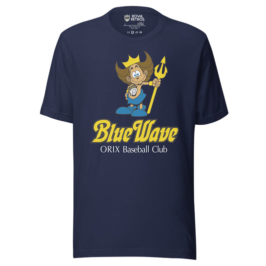Orix Blue Wave baseball T-shirt. Navy.Monkey with crown holding gold trident above words Blue Wave, large in gold, ORIX Baseball Club in white small below. Royal Retros.