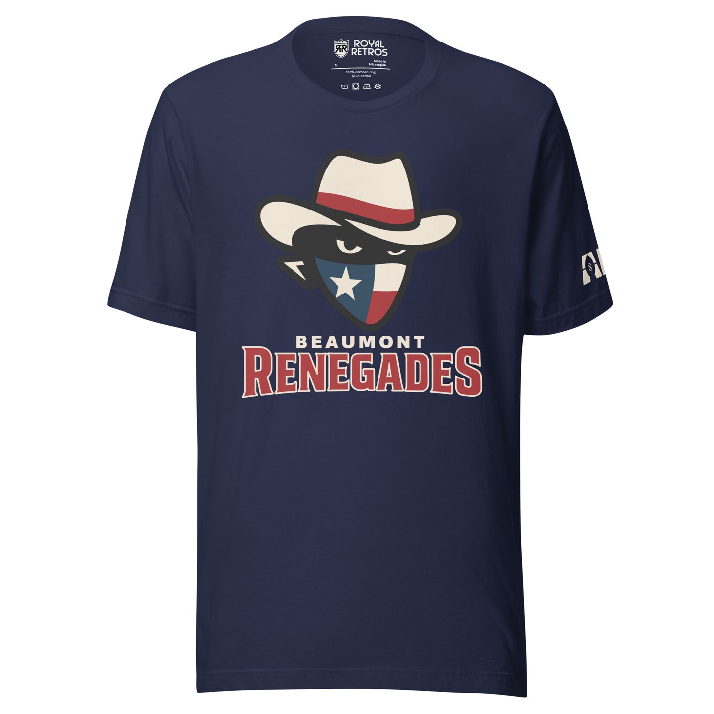 Beaumont Renegades T-shirt. Navy. Bandit face with white cowboy hat with red band. Dark face with white eyes. Bandana of Texas flag, white star on blue field on left, white and red band on right. Beaumont on white below small above Renegades large in red with white outline. Royal Retros.