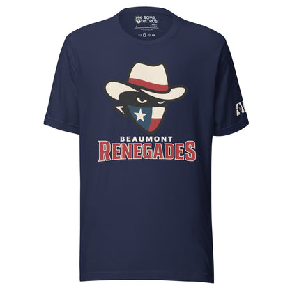 Beaumont Renegades T-shirt. Navy. Bandit face with white cowboy hat with red band. Dark face with white eyes. Bandana of Texas flag, white star on blue field on left, white and red band on right. Beaumont on white below small above Renegades large in red with white outline. Royal Retros.