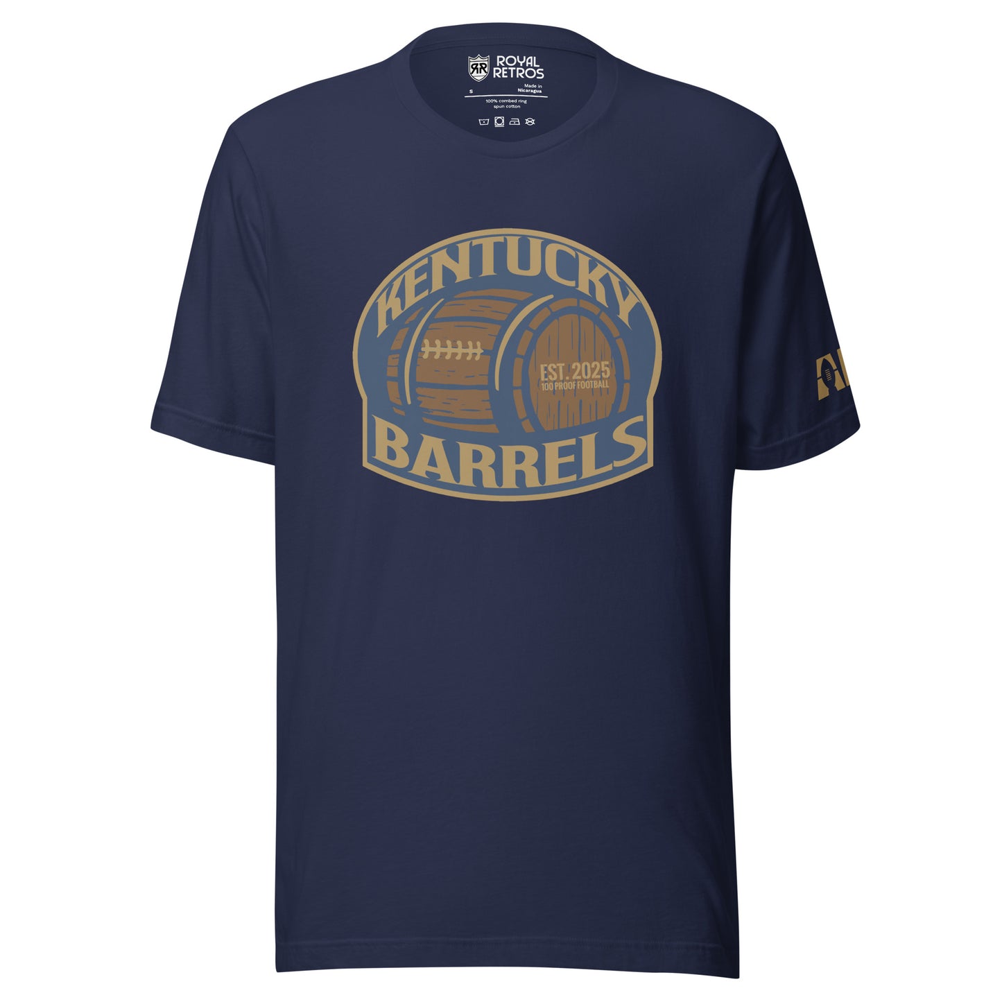 Kentucky Barrels AF1 football T-shirt. Navy. Logo on chest is a rounded square with Kentucky in gold arched over a barrel, with Barrels underneath. Shape is outlined in gold. Royal Retros