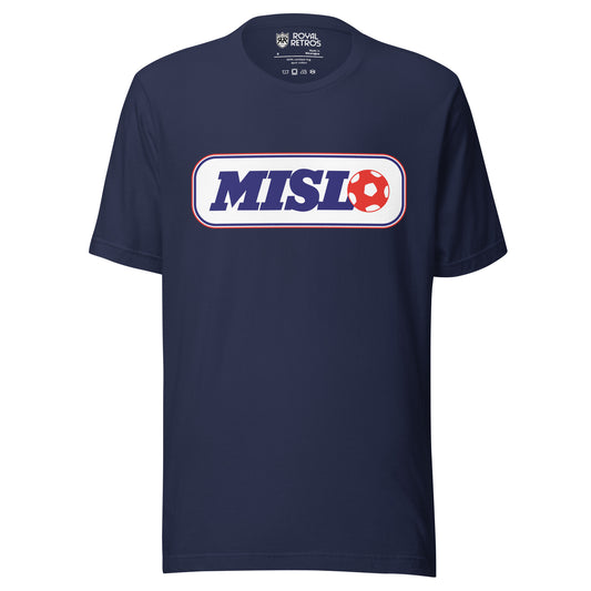 Major Indoor Soccer League MISL T-shirt. Navy. White rectangle wit blue trim. MISL in blue inside with a red soccer ball next to the L. Royal Retros