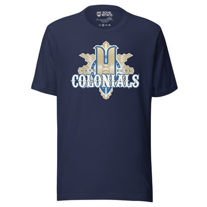 Hartford Colonials UFL-2009 T-shirt. Navy. Large gold H over gilded shield. Colonials in white with gold trim across shield. Royal Retros