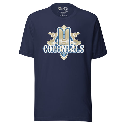 Hartford Colonials UFL-2009 T-shirt. Navy. Large gold H over gilded shield. Colonials in white with gold trim across shield. Royal Retros