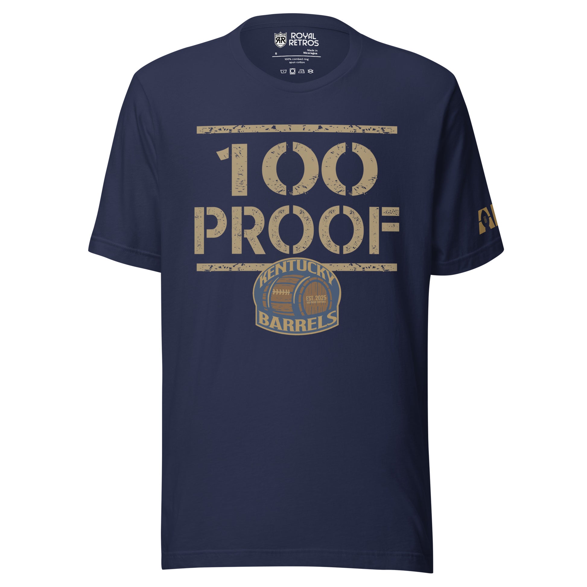 Kentucky Barrels 100 Proof T-shirt. Blue line across top. Navy. 100 with PROOF below. Blue line below. Logo small below over middle of blue line. Logo on chest is a rounded square with Kentucky in gold arched over a barrel, with Barrels underneath. Shape is outlined in gold. Royal Retros
