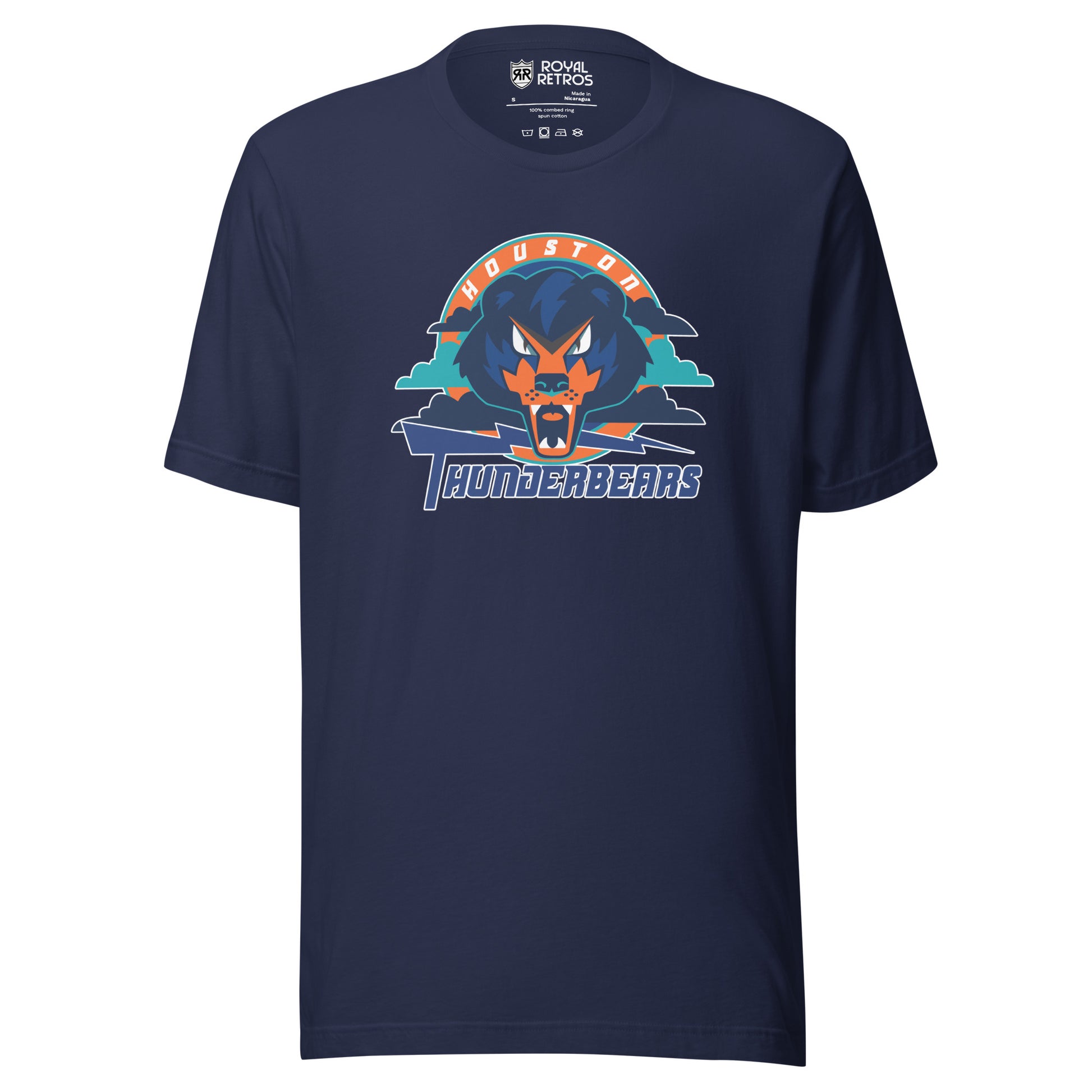 Houston ThunderBears arena football league T-shirt. Navy. Houston arched in white on orange background. Angry bear face over teal and blue clouds. Purple lightning bolt going to the right. Thunderbears in purple below. Royal Retros