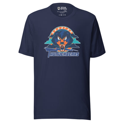 Houston ThunderBears arena football league T-shirt. Navy. Houston arched in white on orange background. Angry bear face over teal and blue clouds. Purple lightning bolt going to the right. Thunderbears in purple below. Royal Retros