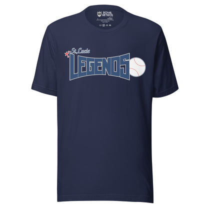 St. Lucie Legends baseball shirt. Navy. St. Lucie small to left. LEGENDS below large. Baseball to the right. Royal Retros