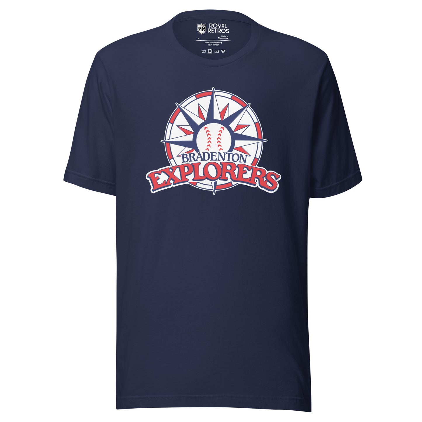 Bradenton Explorers baseball T-shirt. Navy. Circle with alternating red and white blocks. Compass star inside with alternating red and blue pattern, baseball in center. BRADENTON small in blue above EXLORERS in red across bottom of circle. Royal Retros