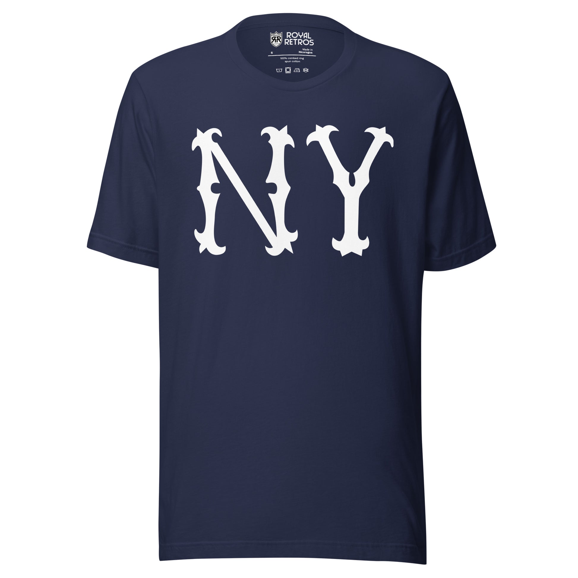 New York Highlanders NY T-shirt. Blue. Large white NY in old-fashioned typeface large on chest. Royal Retros 