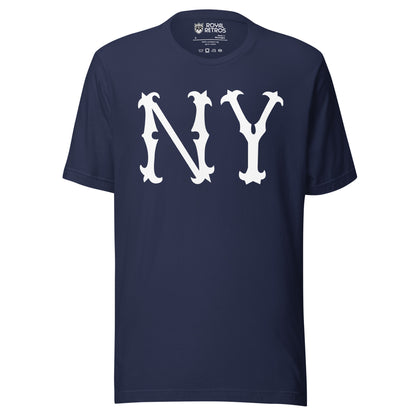 New York Highlanders NY T-shirt. Blue. Large white NY in old-fashioned typeface large on chest. Royal Retros 