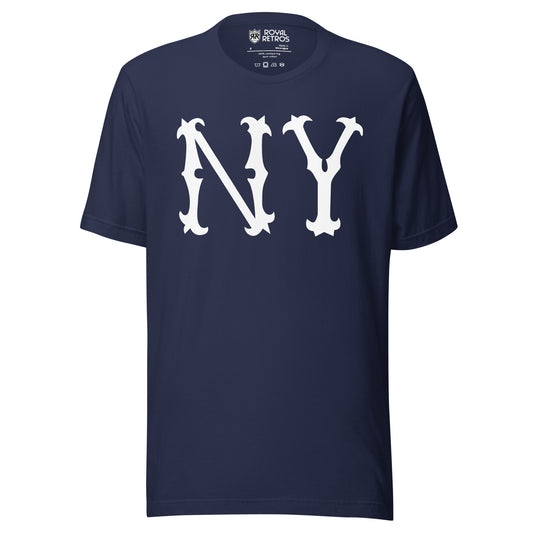 New York Highlanders NY T-shirt. Blue. Large white NY in old-fashioned typeface large on chest. Royal Retros 