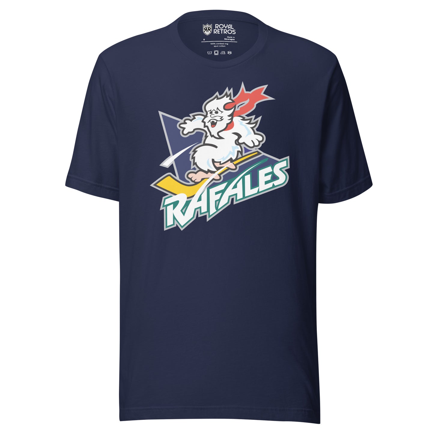 Quebec Rafales hockey T-shirt. Navy. White Yeti riding a yellow hockey stick over a purple triangle. RAFALES angled in white with blue trim below. Royal Retros.