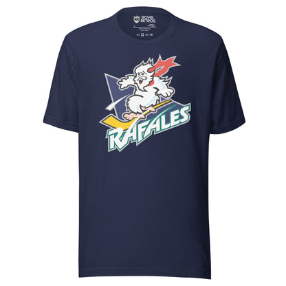 Quebec Rafales hockey T-shirt. Navy. White Yeti riding a yellow hockey stick over a purple triangle. RAFALES angled in white with blue trim below. Royal Retros.