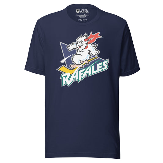 Quebec Rafales hockey T-shirt. Navy. White Yeti riding a yellow hockey stick over a purple triangle. RAFALES angled in white with blue trim below. Royal Retros.