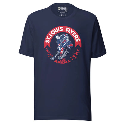 St. Louis Flyers T-shirt. Navy. Red banner arched on chest. St. Louis Flyers in white inside. Player skating toward viewer in red, white, and blue uniform, about to shoot puck. Red stars on either side below ends of banner. "The Arena" in red at bottom of logo. Royal Retros