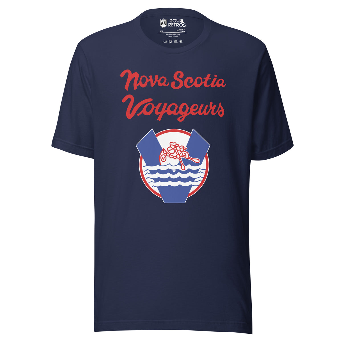 Nova Scotia Voyageurs T-shirt. Navy. Red Nova Scotia Voyageurs script over a round crest with a V, canoe paddlers and waves. Royal Retros