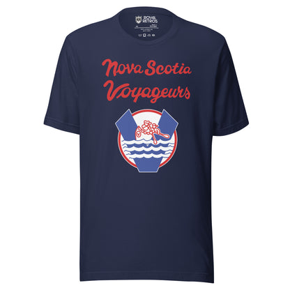 Nova Scotia Voyageurs T-shirt. Navy. Red Nova Scotia Voyageurs script over a round crest with a V, canoe paddlers and waves. Royal Retros
