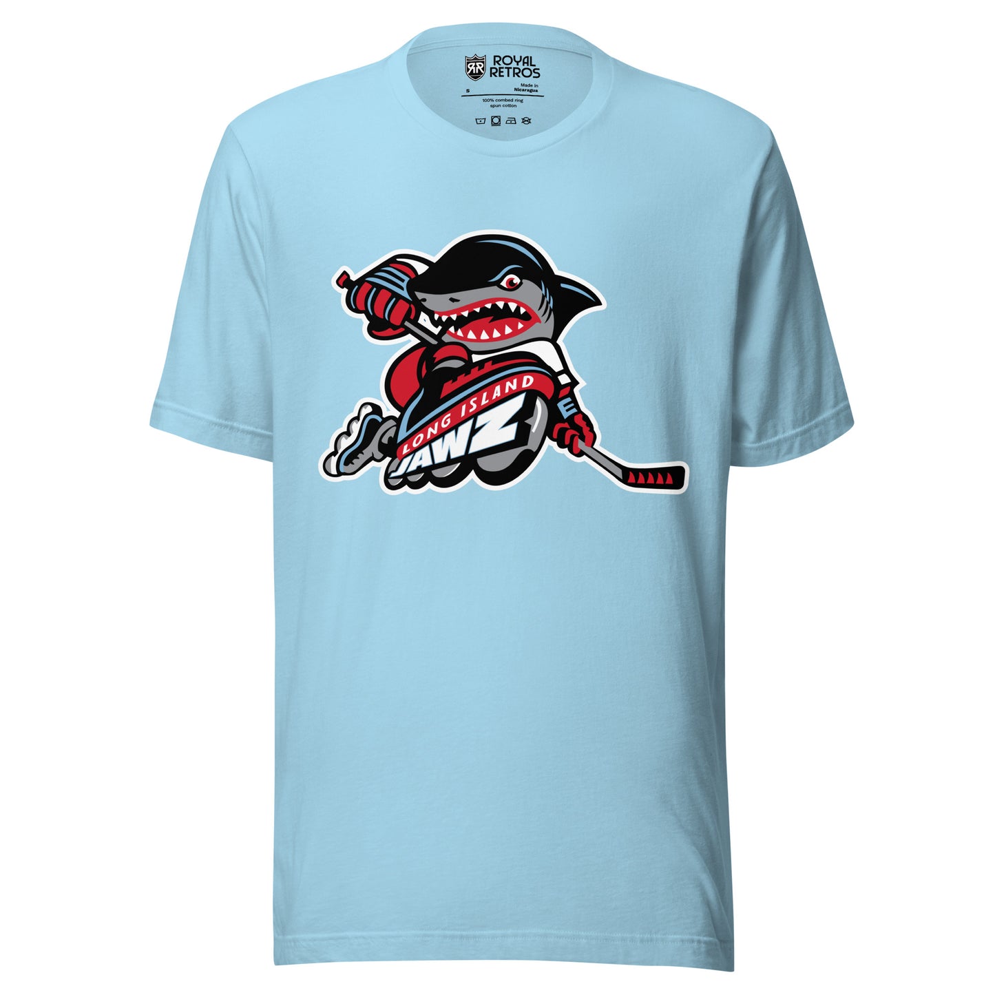 Long Island Jawz T-shirt light blue. Shark skating with teeth showing. Long Island in white on red banner. JAWZ larger below white with aqua trim and black shadow. Royal Retros