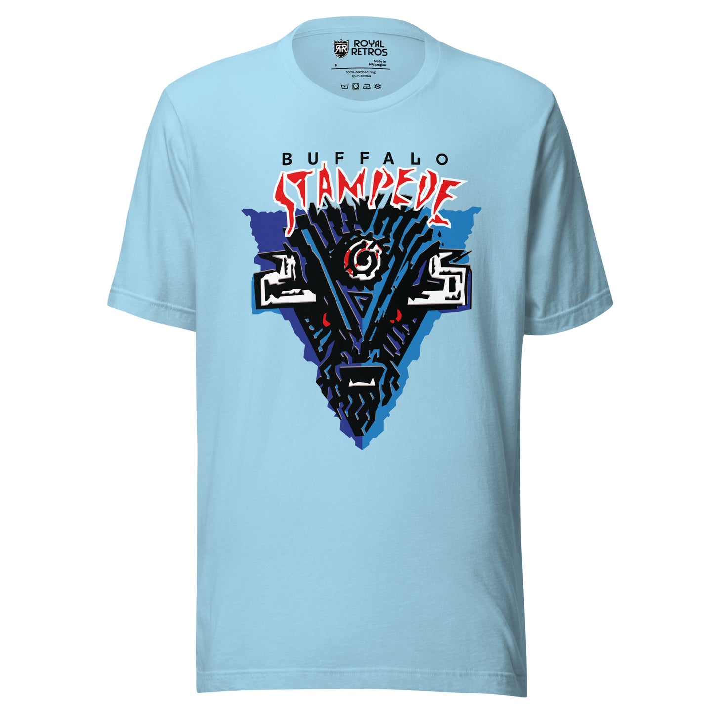 Buffalo Stampede logo T-Shirt. Light blue. Stylized Buffalo head straight on in blue and black. Stampede in red outlined on white above. Royal Retros