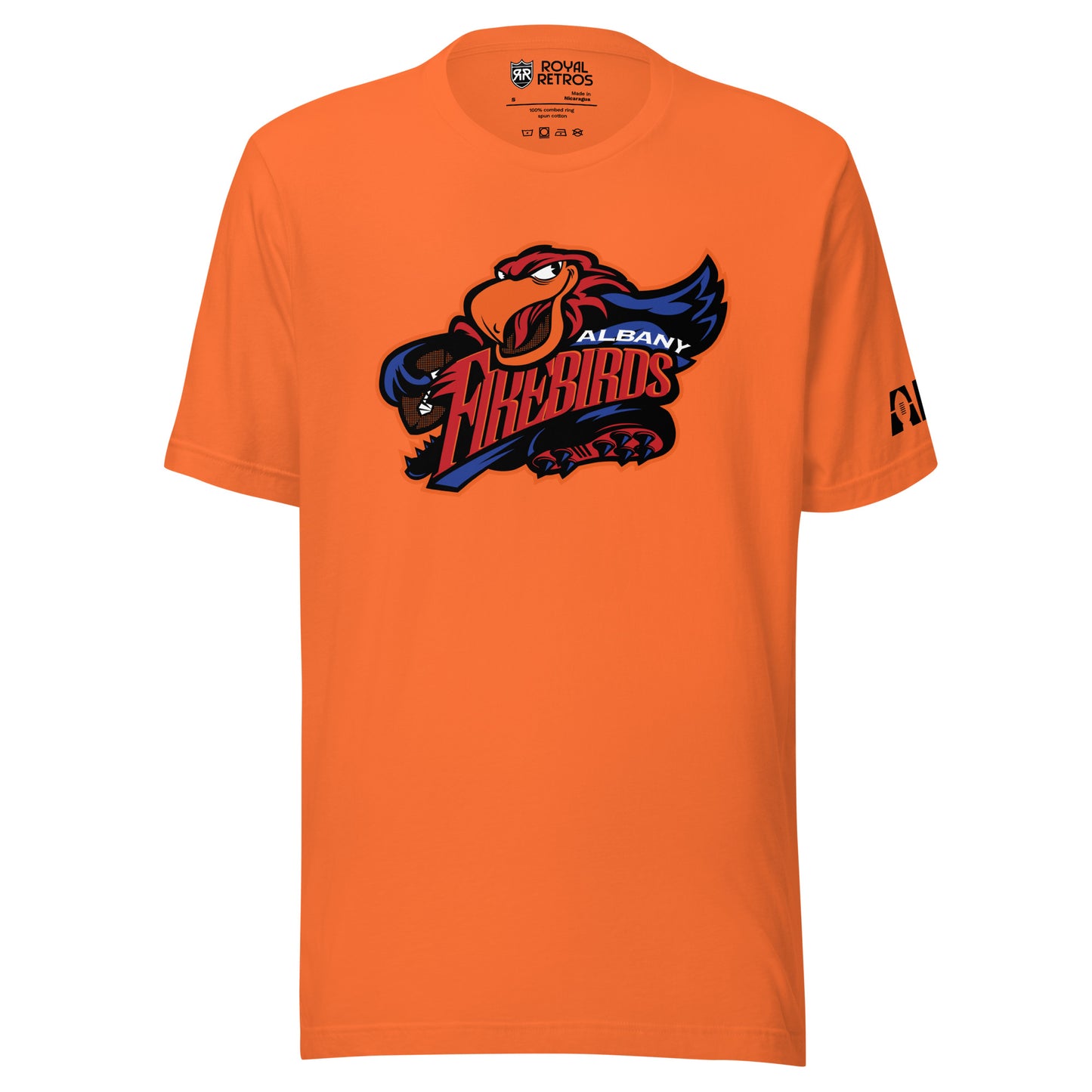 Albany Firebirds T-shirt. Orange. Cartoon bird with Firebirds in red between open wings. Albany top right in white over Firebirds. Royal Retros