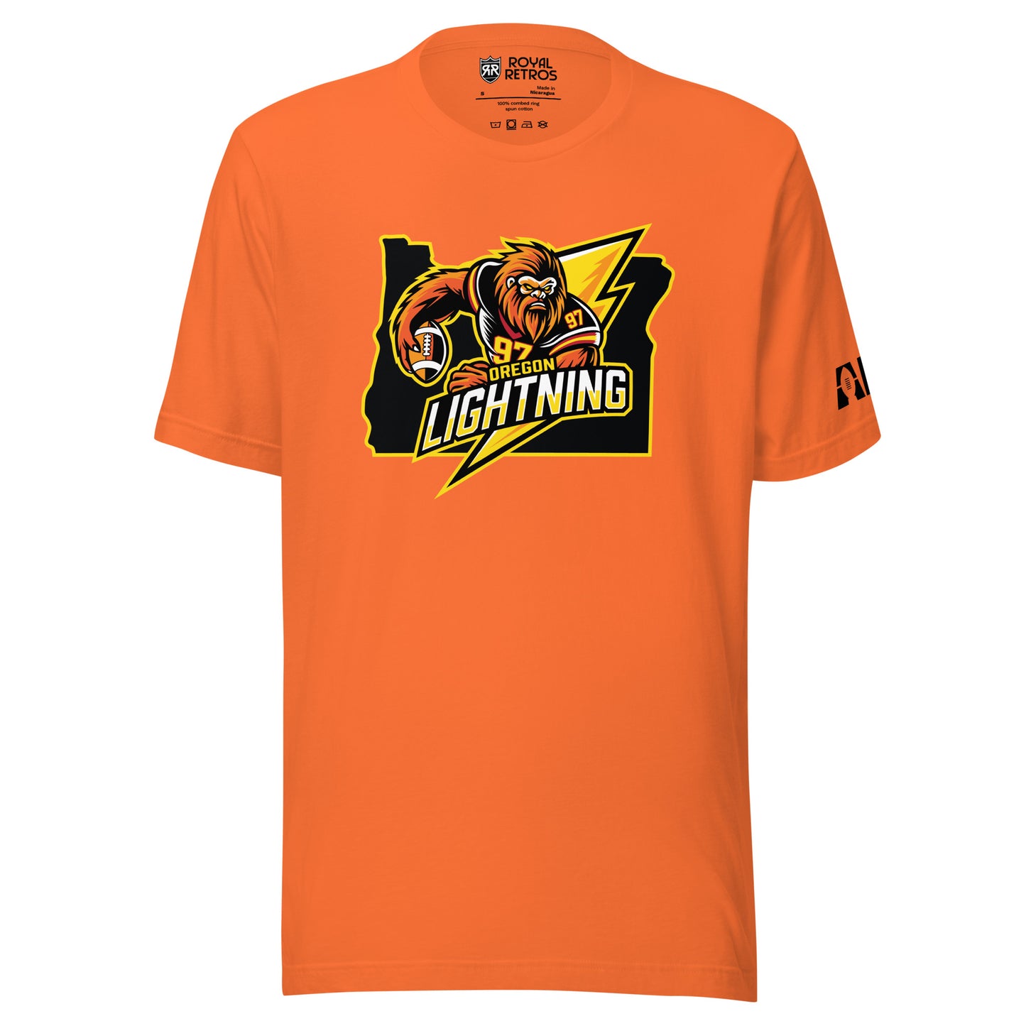 Oregon Lightning T-shirt. Orange. Logo in center is outline of Oregon in black with Bigfoot in black jersey with gold numerals holding football over lightning bolt to right. Oregon in yellow, small, above Lightning large in white and gold. Royal Retros