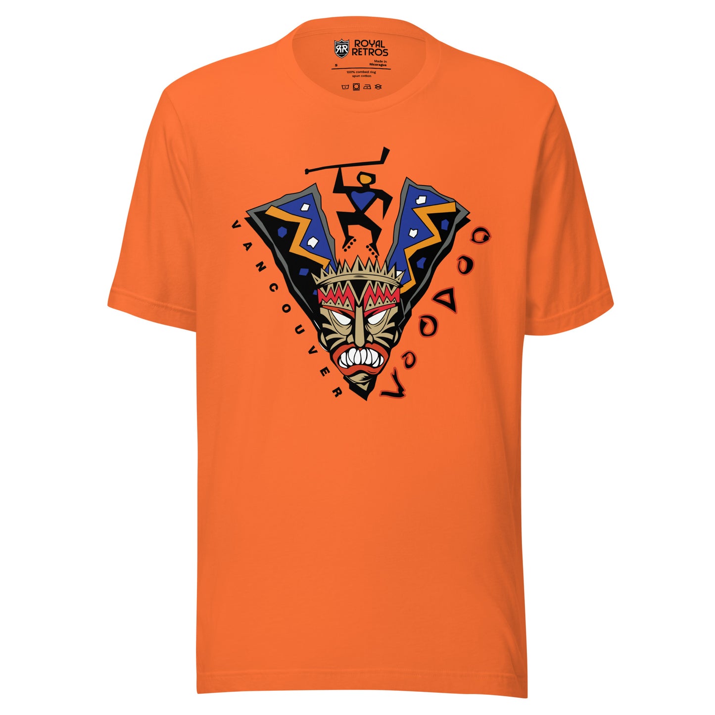 Vancouver Voodoo roller hockey T-shirt. Orange. V-shaped voodoo mask. Stick-like figure holding hockey stick in gap of V. Vancouver in white down left side, Voodoo in red with white trim going up right side. Royal Retros