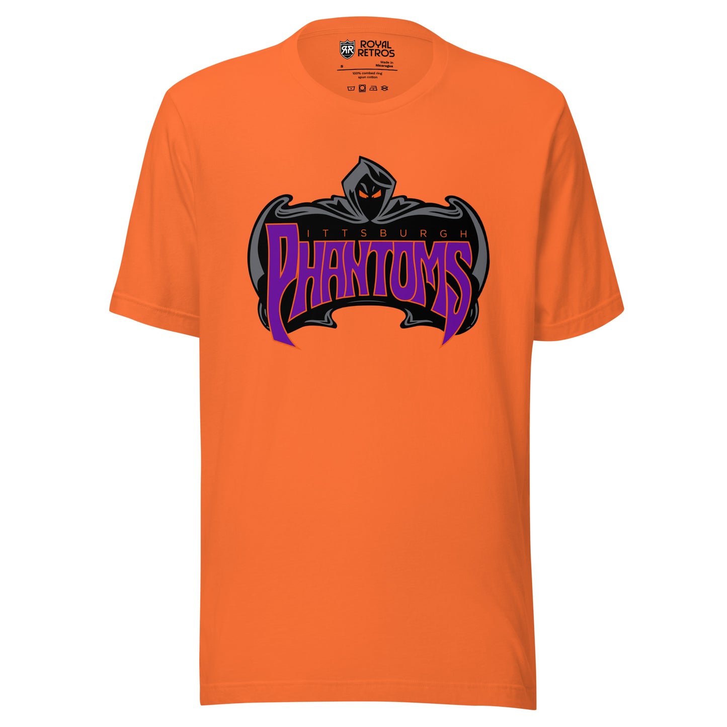 Pittsburgh Phantoms roller hockey T-Shirt orange. Phantom with black face and yellow eyes with cape surrounding Phantoms in Purple. Royal Retros