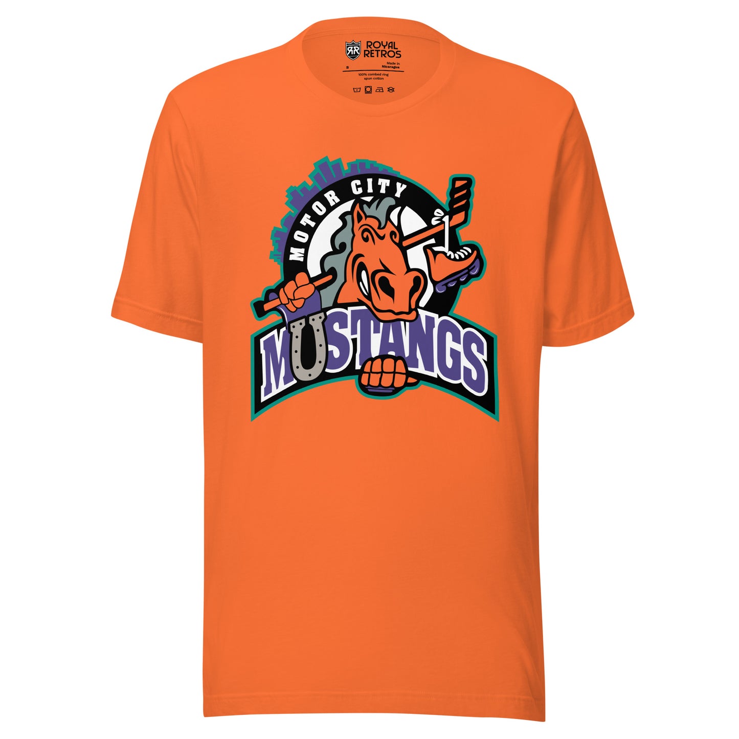 Detroit Motor City Mustangs. Orange. Cartoon horse, head only, holding hockey stick behind its head. Motor City curved upper left, Mustangs in purple white outline with gray horseshoe for the "U" Royal Retros