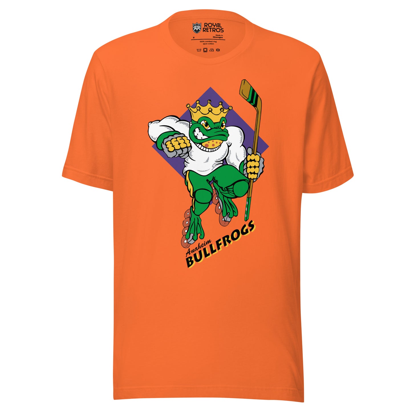 Anaheim Bullfrogs T-Shirt Orange. Bullfrog over purple diamond wearing a white tee and a gold crown holding a hockey stick. Bullfrogs on purple at an angle below. Royal Retros