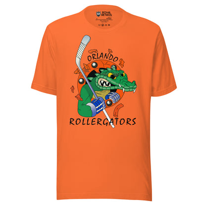 Orlando Rollergators roller hockey T-shirt. Orange. Menacing gator head over red circle. Gator is holding a hockey stick. Royal Retros
