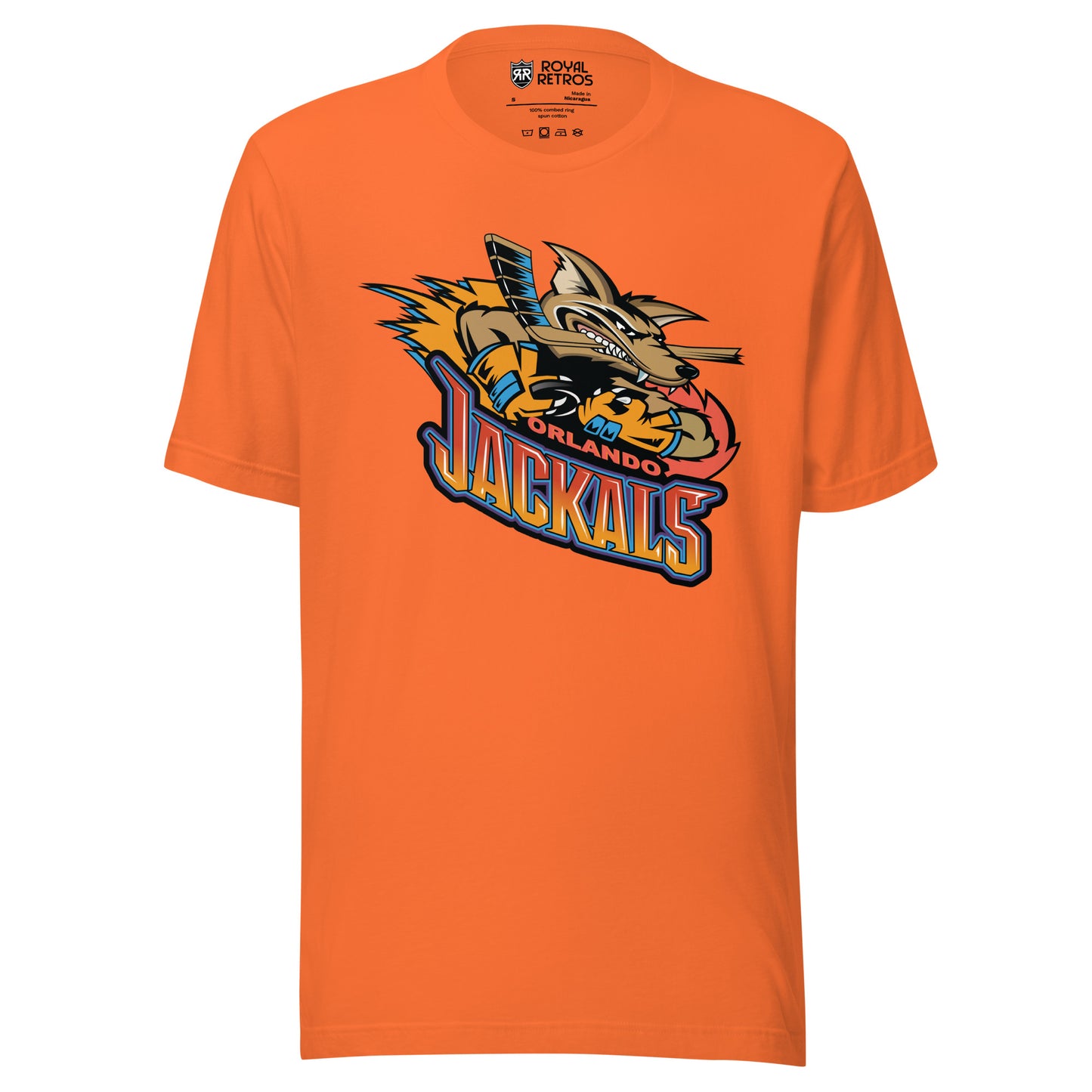 Orlando Jackals roller hockey T-shirt. Orange. Jackal holding hockey stick, with flames to the left. Orlando in red small just under jackal, JACKALS in red on top orange on bottom below. Royal Retros